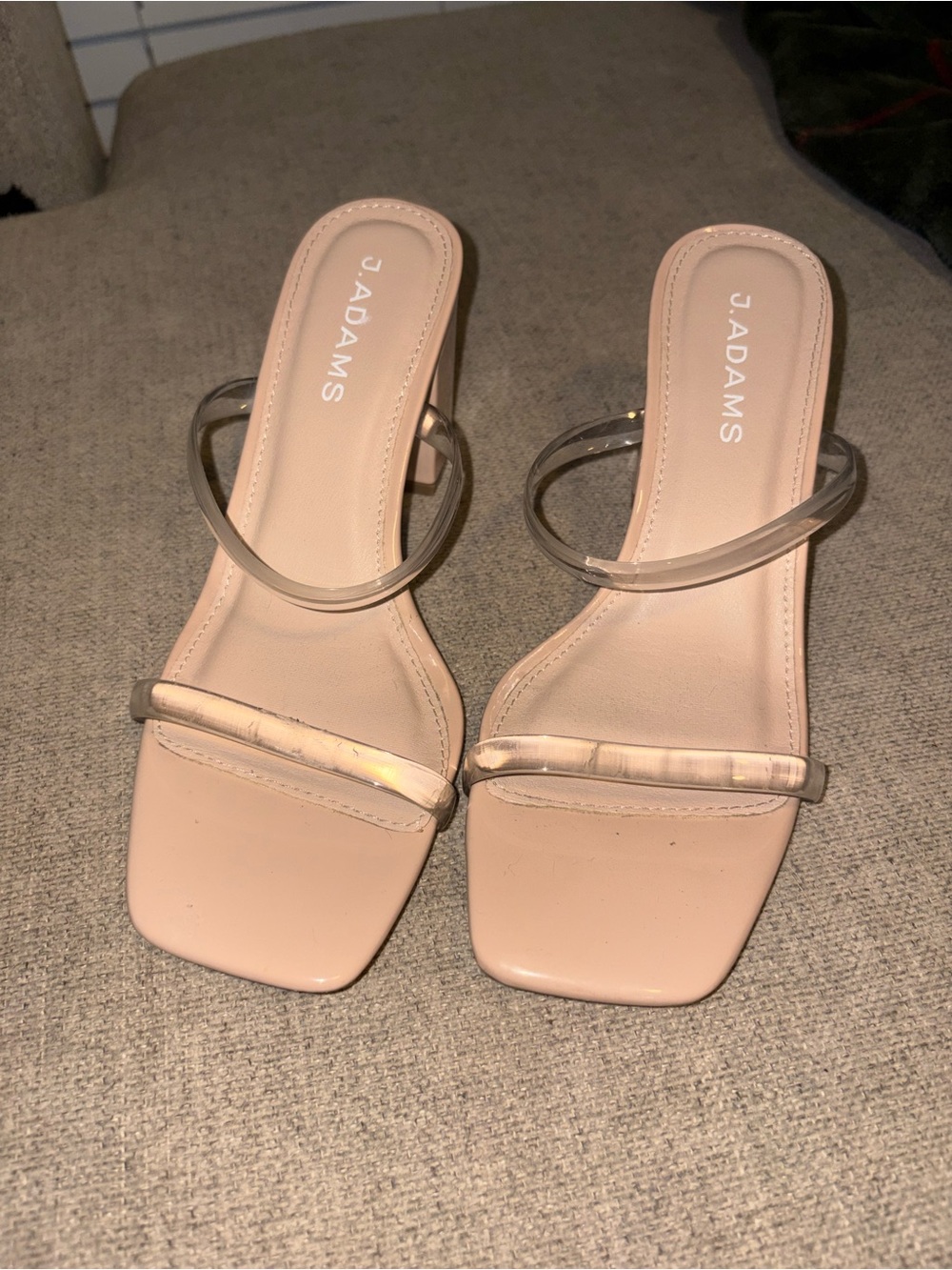 J. Adams Nude Clear Strap Block Heel Sandals Size 6.5